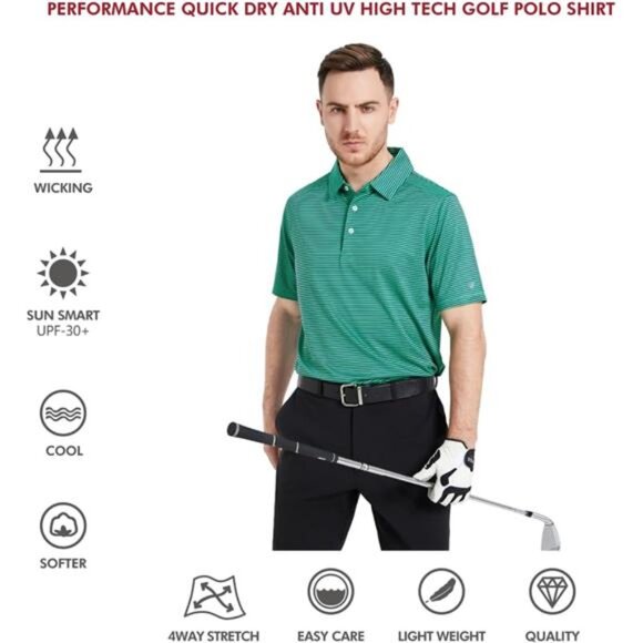 Men's Golf Polo Short Sleeve Striped Performance Moisture Wicking Dry  Shirts‎ - Picture 5 of 6